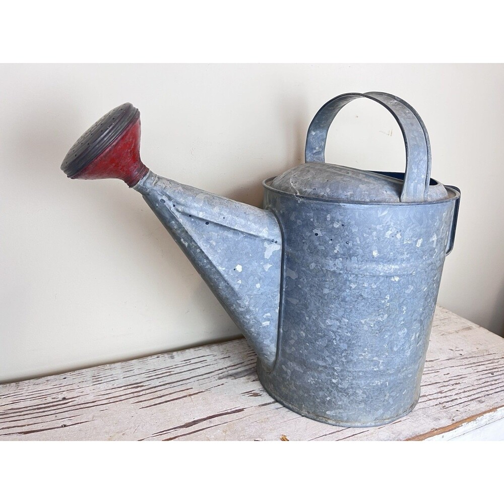 Vintage 8Qt Galvanized Watering Can W/ Red Sprinkler Head 13” Garden Cottagecore